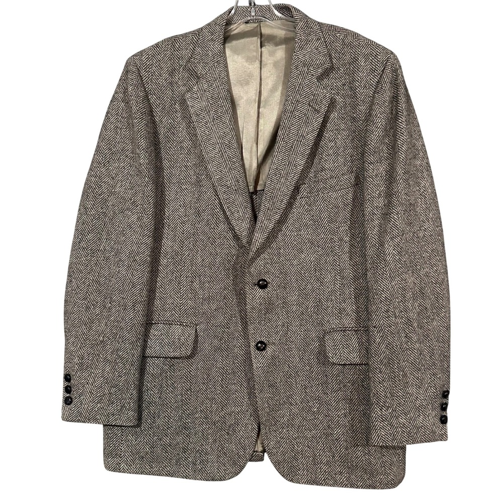 Zachry Mens Gray Herringbone Two Button Blazer Sport Coat Vintage Jacket USA LRG